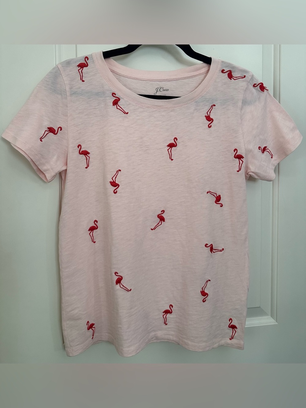 J.Crew Pink Embroidered Flamingo Tee Shirt Medium Coastal Preppy